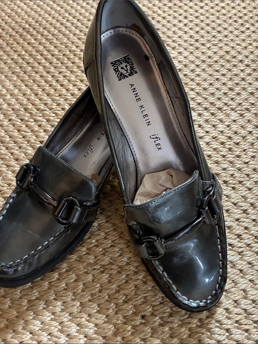 Anne Klein Gray Patent Loafers with Bit Detail
